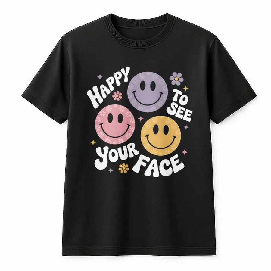 Happy Face Teacher T-Shirt | Retro Smiley Face Graphic Tee | Soft 100% Cotton | Back to School Gift for Teachers