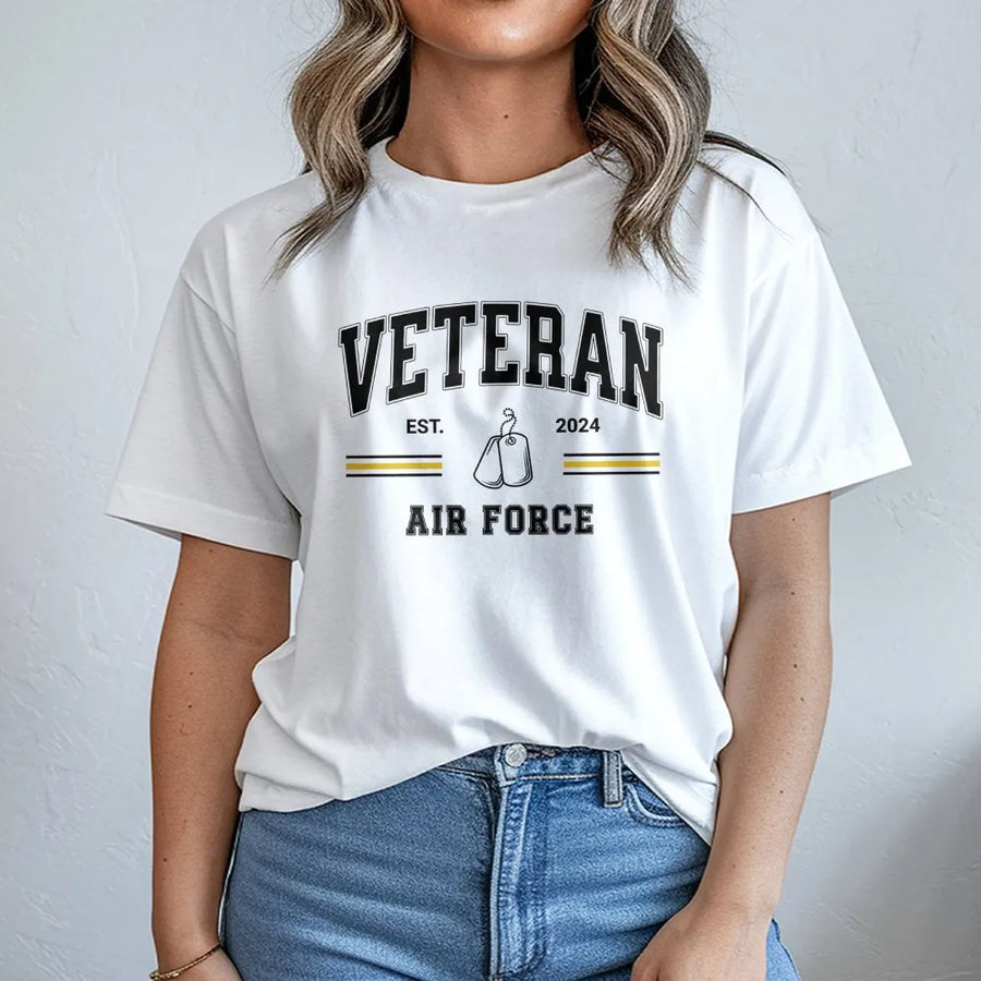 US Air Force Veteran T-Shirt | Varsity Athletic Style Dog Tags | Premium Soft Cotton | Retirement Gift for Air Force Veteran Men and Women