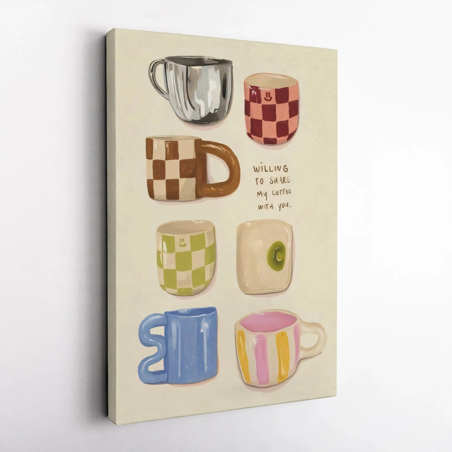 Coffee Lovers Wall Art | Aesthetic Checkered Mug Illustration | Premium Gallery Wrap Canvas | Cute Kitchen & Cafe Decor Gift