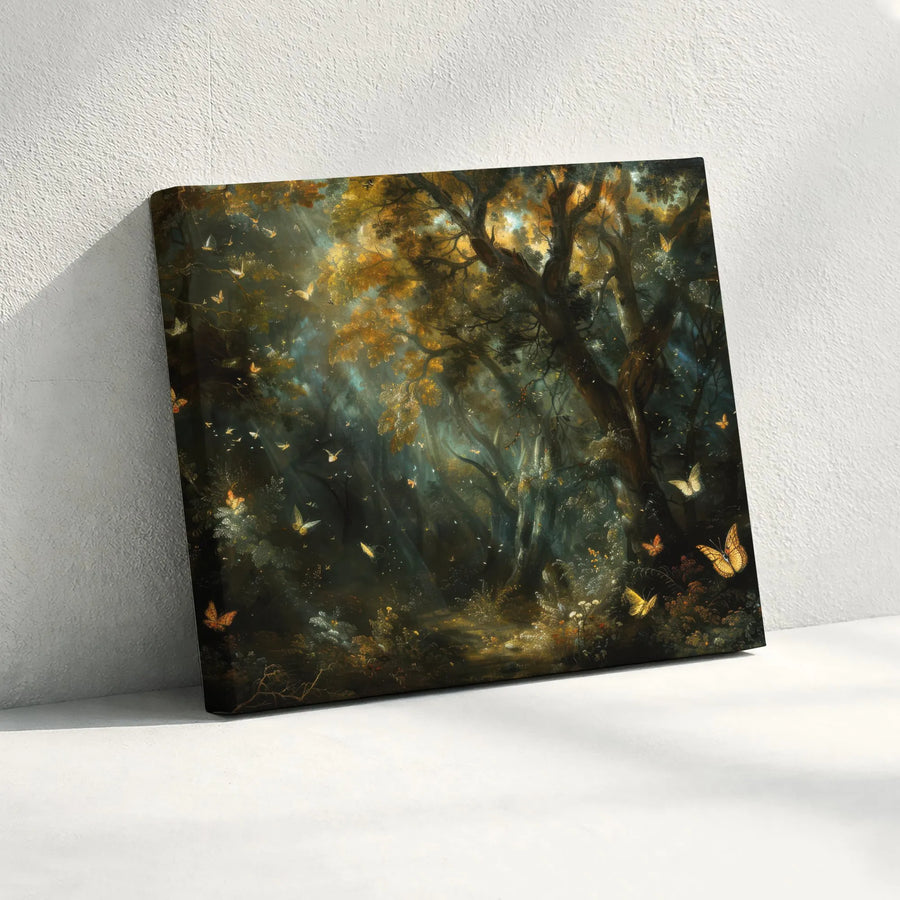 Enchanted Forest Canvas Wall Art | Mystical Woods with Glowing Butterflies | Premium Fade-Resistant Print | Moody Woodland Landscape for Living Room Decor