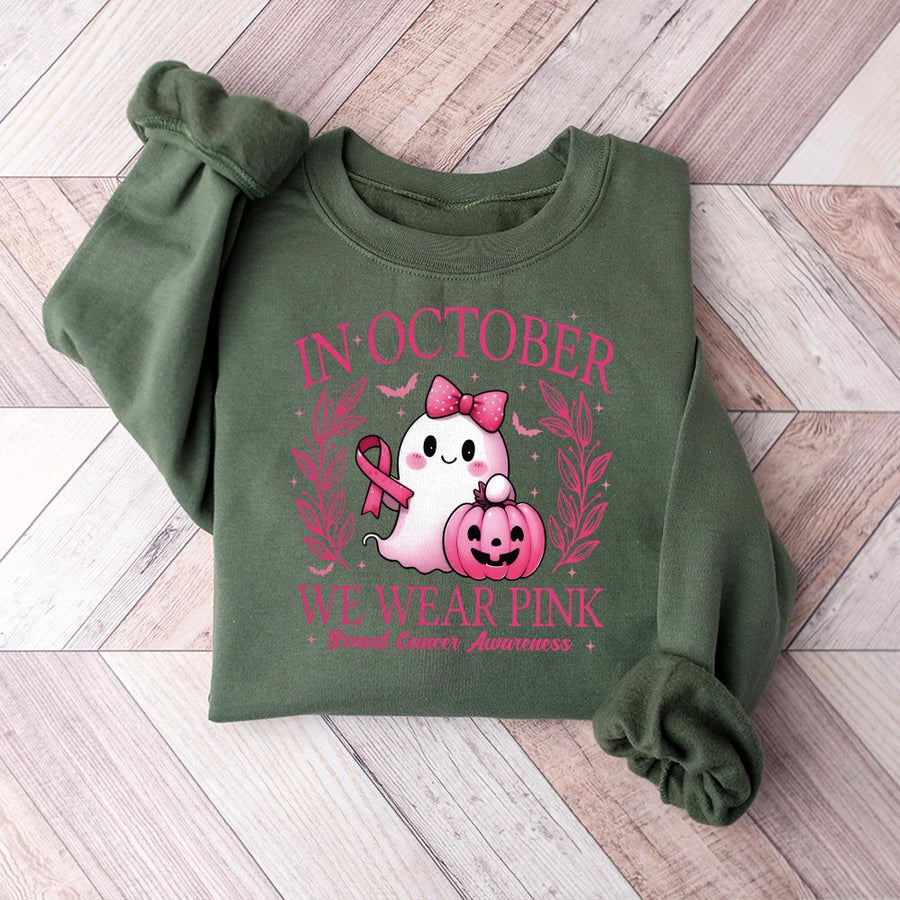 In October We Wear Pink Sweatshirt | Breast Cancer Awareness Halloween Ghost | Premium Cotton Blend | Gift For Survivor And Supporter