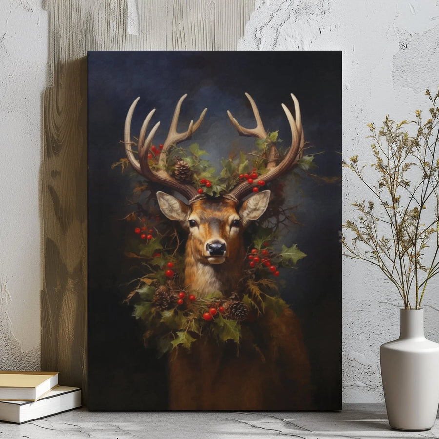 Christmas Stag Canvas Wall Art | Festive Deer with Holly Wreath | Premium 1.25 Inch Gallery Wrap | Rustic Holiday Decor for Living Room