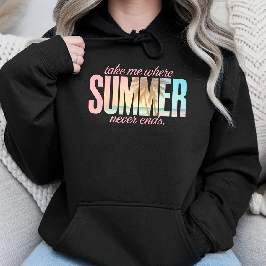 Summer Never Ends Hoodie | Coastal Aesthetic Palm Tree Graphic | Premium Cotton Blend | Gift for Beach Lover