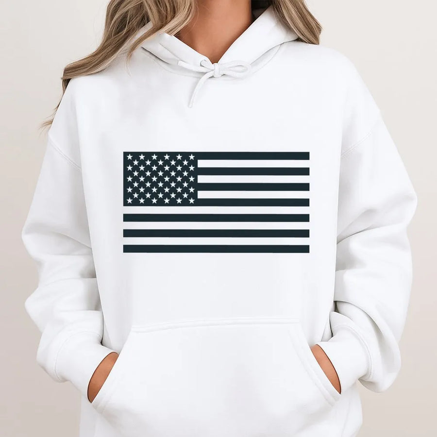 Black and White American Flag Hoodie | Monochrome USA Flag Pullover | Soft Crewneck Jumper | Patriotic Gift for Men