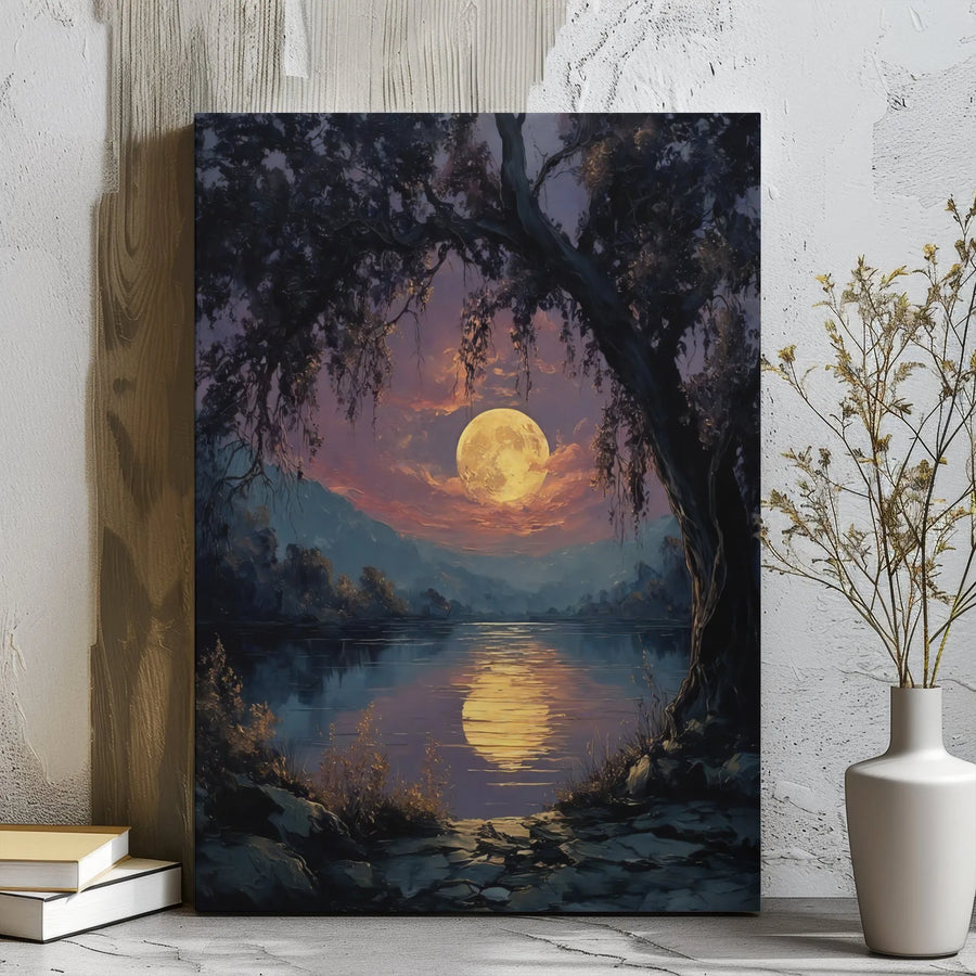 Full Moon Lake Landscape Canvas Art | Enchanting Forest Night Wall Decor | Premium 1.25" Gallery Wrap | Nature-Inspired Home Gift for Nature Lovers