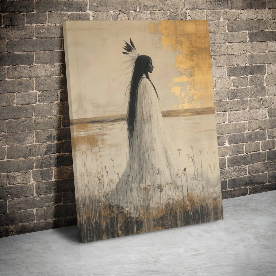 Native American Woman Canvas Wall Art | Golden Feather Headdress Portrait | Premium Gallery Wrap Print | Southwestern Home Decor Gift