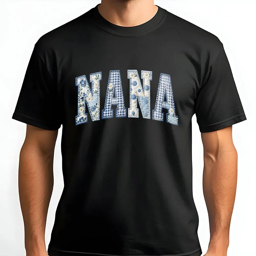 Nana T-Shirt | Blue Floral Gingham Patchwork Style Letters | Premium Cotton Graphic Tee | Gift for Grandma, Mother's Day Present