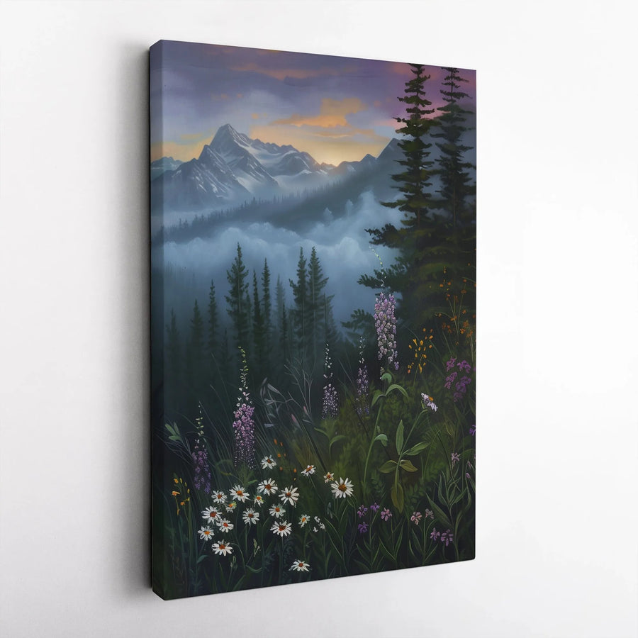Misty Mountain Landscape Wall Art | Wildflower Pine Forest Canvas Print | 1.25-Inch Gallery Wrap | Premium Nature Home Decor Gift