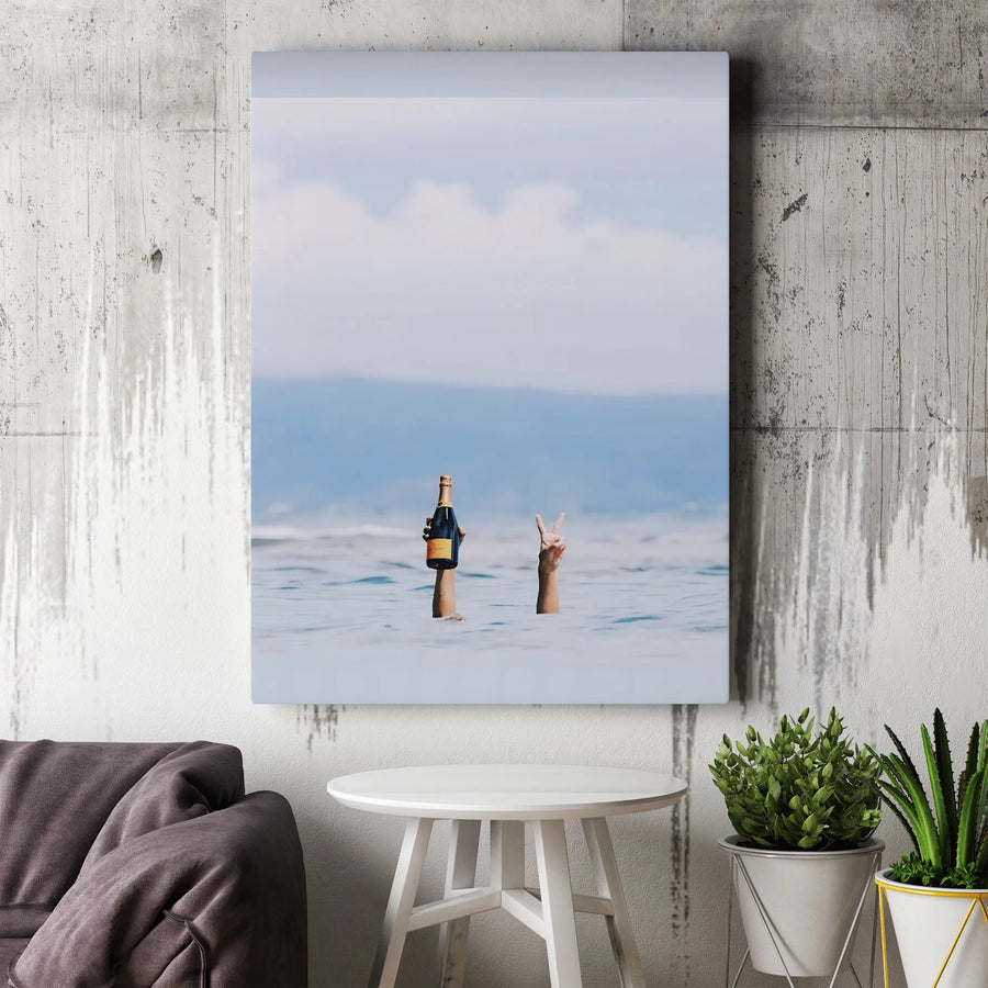 Coastal Champagne Peace Sign Canvas Wall Art | Summer Beach Ocean Aesthetic | Gallery-Quality Framed Print | Modern Home Decor Gift