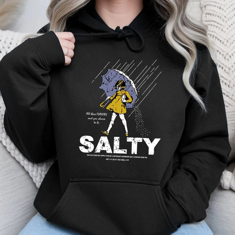 Salty Graphic Hoodie | Retro Umbrella Rain Design | Premium Cotton Blend | Funny Sarcastic Gift for Her or Him