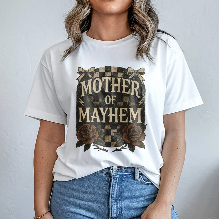 Mother Of Mayhem Graphic T-Shirt | Edgy Floral Checkered Design | Premium 100% Cotton Comfort | Trendy Gift For Tired Moms & Cool Moms