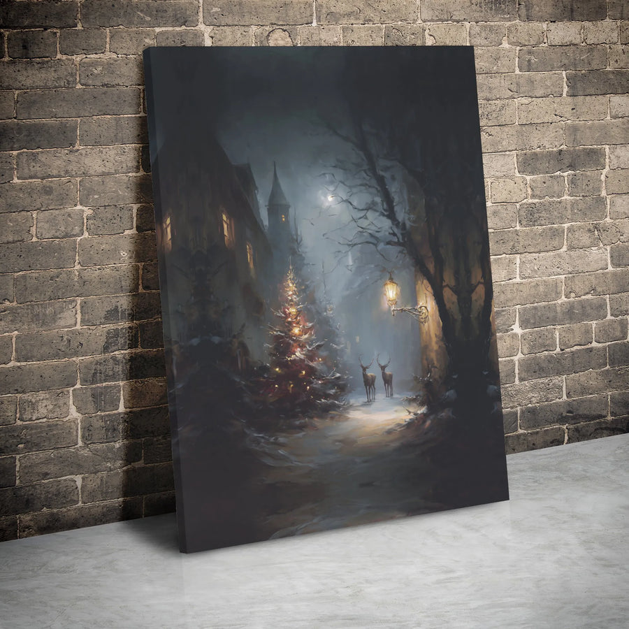 Snowy Christmas Village Canvas Wall Art | Whimsical Deer and Glowing Tree | Gallery Wrapped 1.25" Premium Print | Festive Holiday Home Decor Gift