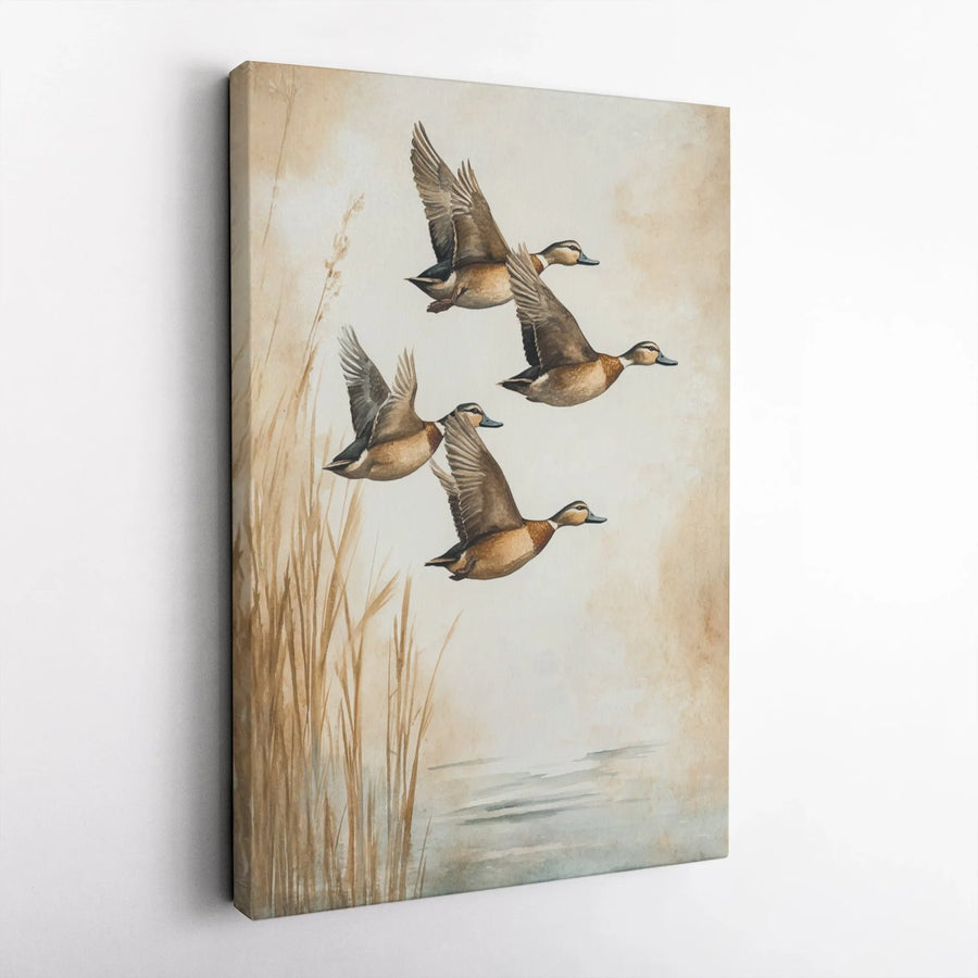 Flying Ducks Canvas Wall Art | Rustic Watercolor Wildlife Print | Gallery-Quality 1.25 Inch Profile | Nature Home Decor Gift For Outdoorsmen