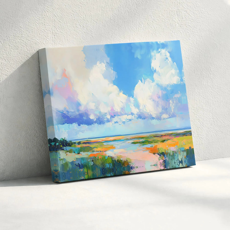Abstract Coastal Marsh Landscape Canvas | Impressionist Blue Sky Wall Art | 1.25-Inch Gallery Wrap | Modern Home Decor Statement Gift