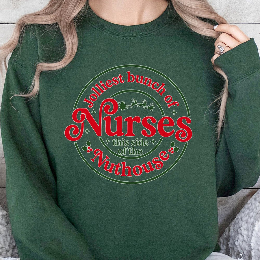 Jolliest Bunch Of Nurses Sweatshirt | Funny Holiday Nursing Graphic | Premium Cotton Blend | Gift For Nurse Christmas Party