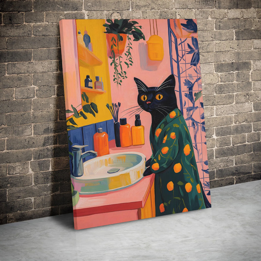 Black Cat Bathroom Wall Art | Quirky Orange Robe Illustration | Premium Gallery Wrap Canvas | Unique Home Decor Gift for Cat Lovers