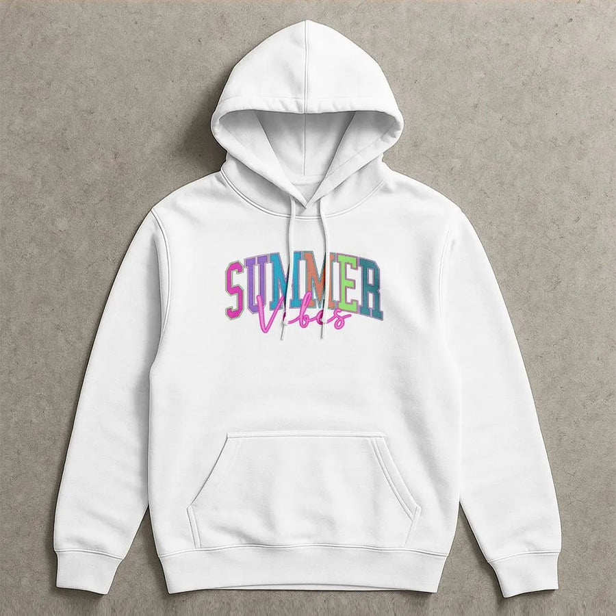 Summer Vibes Hoodie | Colorful Retro Graphic Pullover | Soft Cotton Blend | Trendy Beach Vacation Gift for Her