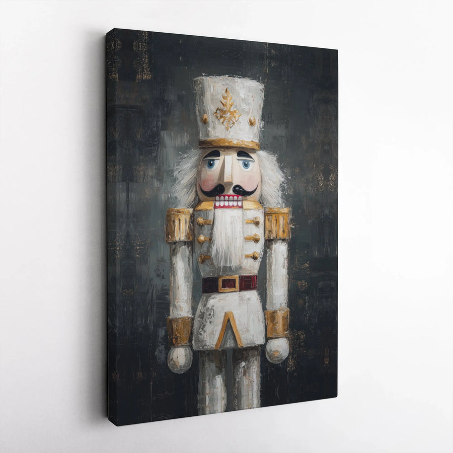 White and Gold Nutcracker Canvas Wall Art | Artistic Soldier Portrait Print | Premium Gallery-Wrapped Decor | Christmas Holiday Gift