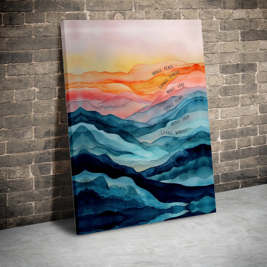 Mindfulness Canvas Wall Art | Watercolor Mountain Landscape with 'Inhale Exhale' Quote | Premium Gallery Wrapped Canvas | Zen Meditation Room Decor Gift