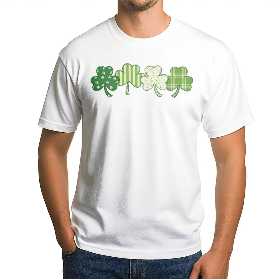 St Patricks Day Shamrock T-Shirt | Faux Patchwork Clover Design | Premium 100% Cotton | Festive Irish Gift for Women and Men