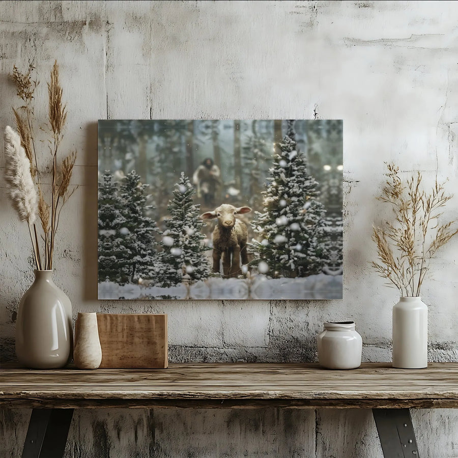 Jesus The Good Shepherd Canvas Art | Snowy Christmas Forest Landscape | Premium Gallery Wrap | Religious Holiday Home Decor Gift
