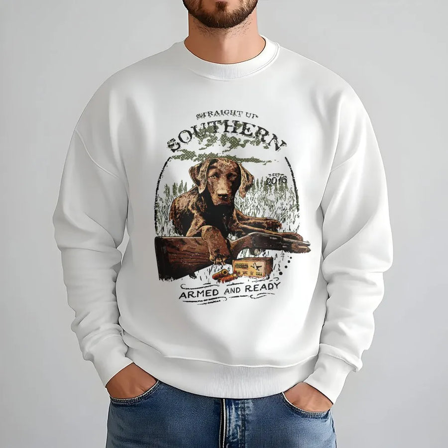 Southern Hunting Dog Sweatshirt | Retriever Field Art Graphic Print | Premium Cotton Blend Crewneck | Gift For Outdoorsman And Hunter