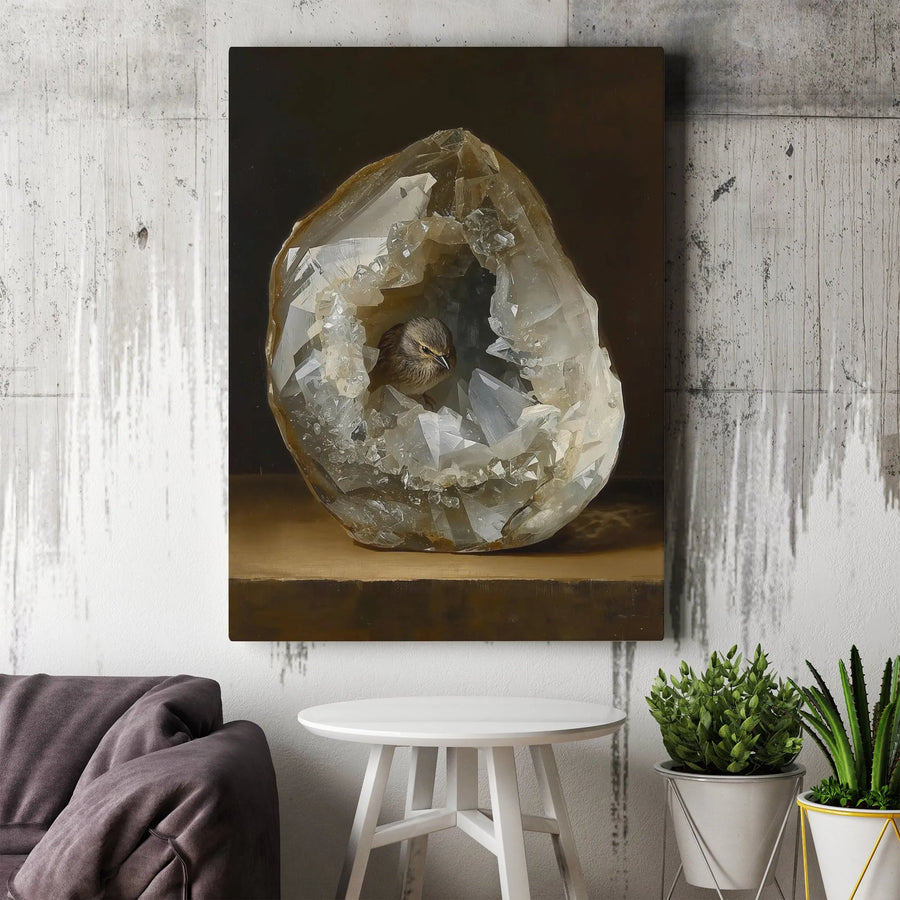 Bird in Quartz Crystal Geode Canvas | Surreal Nature Fine Art Print | Gallery Quality 1.25" Profile | Unique Gift for Crystal and Bird Lovers