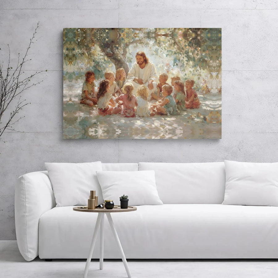 Jesus With Children Canvas Print | Religious Wall Art Under A Tree | Premium Gallery Wrap Decor | Inspirational Christian Home Gift For Living Room