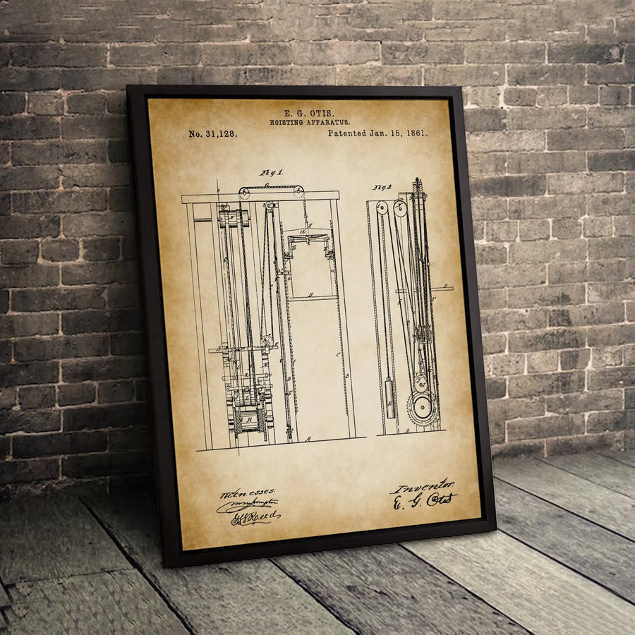 E. G. Otis Elevator Patent Print | Vintage Hoisting Apparatus Technical Drawing | Premium Gallery Canvas | Engineering Gift for Architect or Office Decor