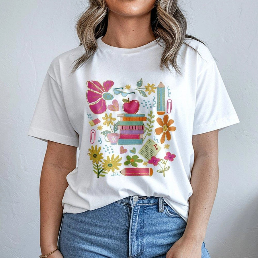 Boho Teacher T-Shirt | Aesthetic Wildflower School Supplies Print | Soft Cotton Premium Tee | Teacher Appreciation Gift End Of Year Outfit