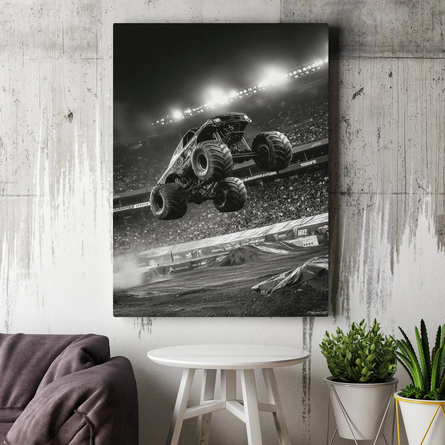 Monster Truck Vertical Canvas | Black and White Action Photography | Premium 1.25" Thick Wall Art | Collector's Gift for Boys Room & Man Cave Decor