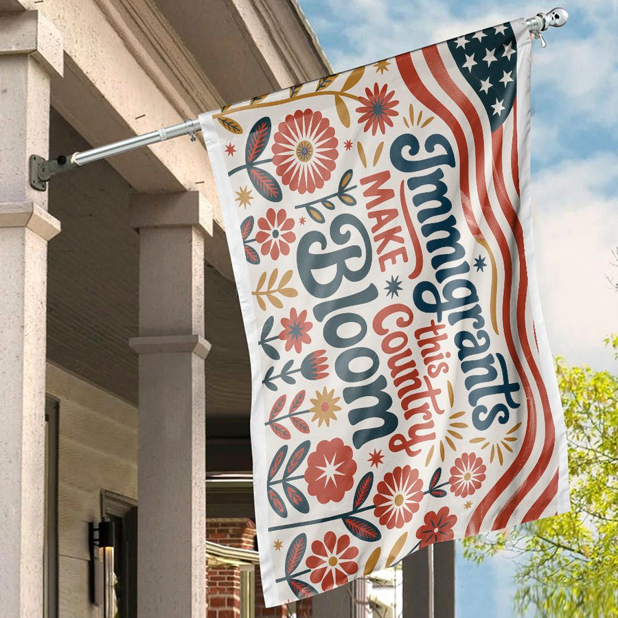 Immigrants Make This Country Bloom House Flag | Folk Art Floral Patriotic Garden Decor | Weather-Resistant Polyester | Proud American Home Gift
