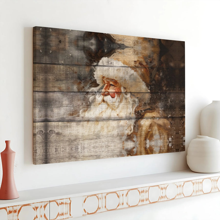 Rustic Santa Claus Canvas Print | Vintage Wood Grain Holiday Art | Premium Gallery Wrap Wall Decor | Christmas Farmhouse Home Interior Gift