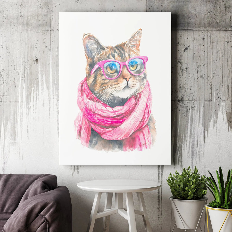 Watercolor Cat Wall Art | Whimsical Tabby with Pink Scarf and Glasses | Gallery-Quality 1.25" Canvas | Charming Home Decor Gift
