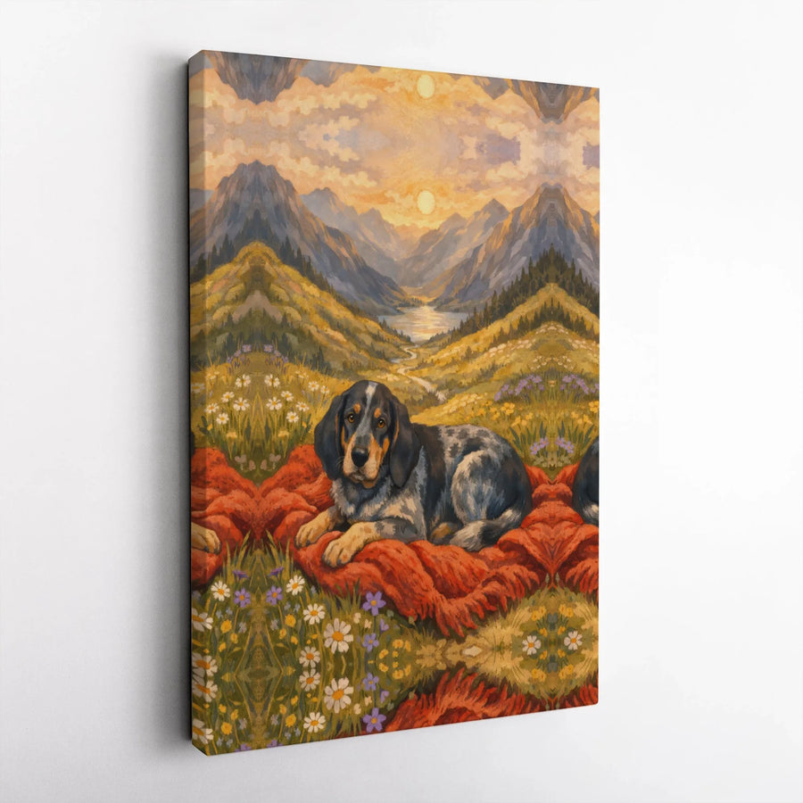 Bluetick Coonhound Canvas Wall Art | Vintage Mountain Meadow Painting | Premium Matte Canvas Print | Gift for Dog Mom, Rustic Cabin Decor