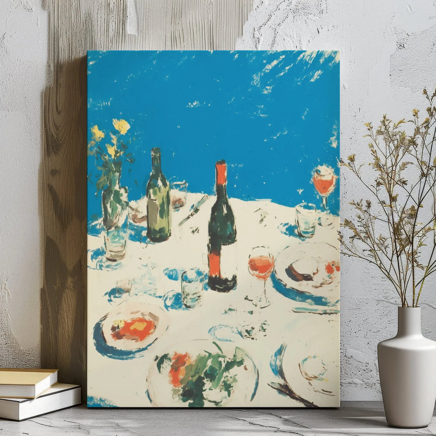 Abstract Dining Table Canvas Print | Mediterranean Wine and Floral Art | Gallery-Wrapped Premium Quality | Modern Kitchen and Dining Room Decor