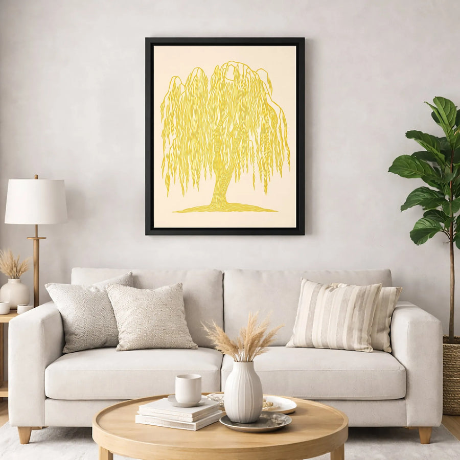 Weeping Willow Wall Art | Minimalist Yellow Botanical Line Drawing | Premium Gallery Canvas | Nature Lover Gift Home Decor