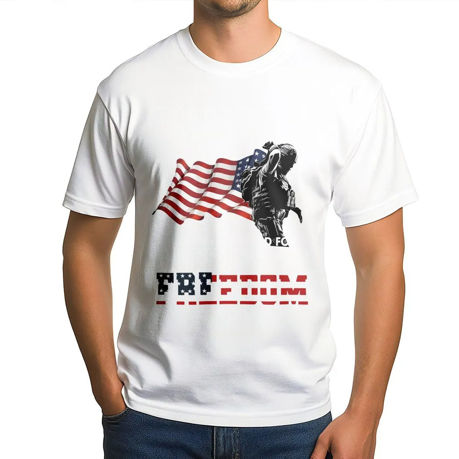 Patriotic American Flag Soldier T-Shirt | Military Tribute Graphic Design | 100% Soft Cotton Tee | USA Pride Gift for Men and Women