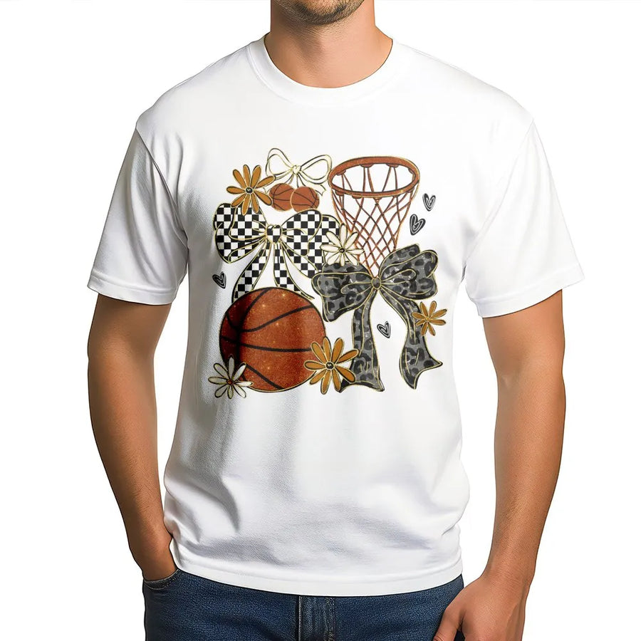 Coquette Basketball T-Shirt | Preppy Floral Bows and Hoops Design | Premium Cotton Comfort Tee | Trendy Game Day Apparel for Basketball Mom