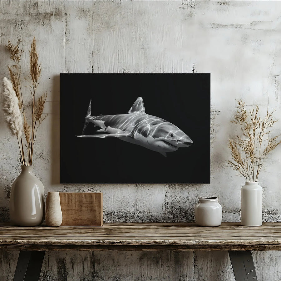 Great White Shark Canvas Wall Art | Black and White Photography Print | Premium Gallery Wrap | Modern Home & Office Decor Gift