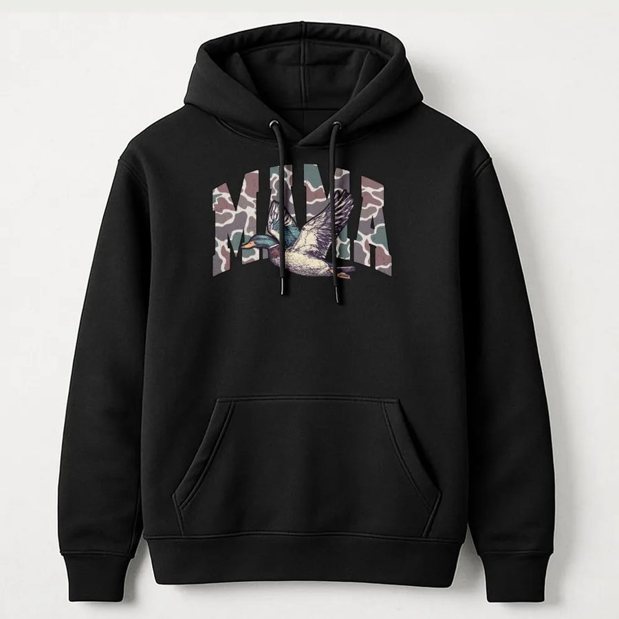 Mama Duck Hunting Hoodie | Camo Mallard Print Graphic | Premium Cotton Blend | Gift for Outdoorsy Mom and Duck Hunter