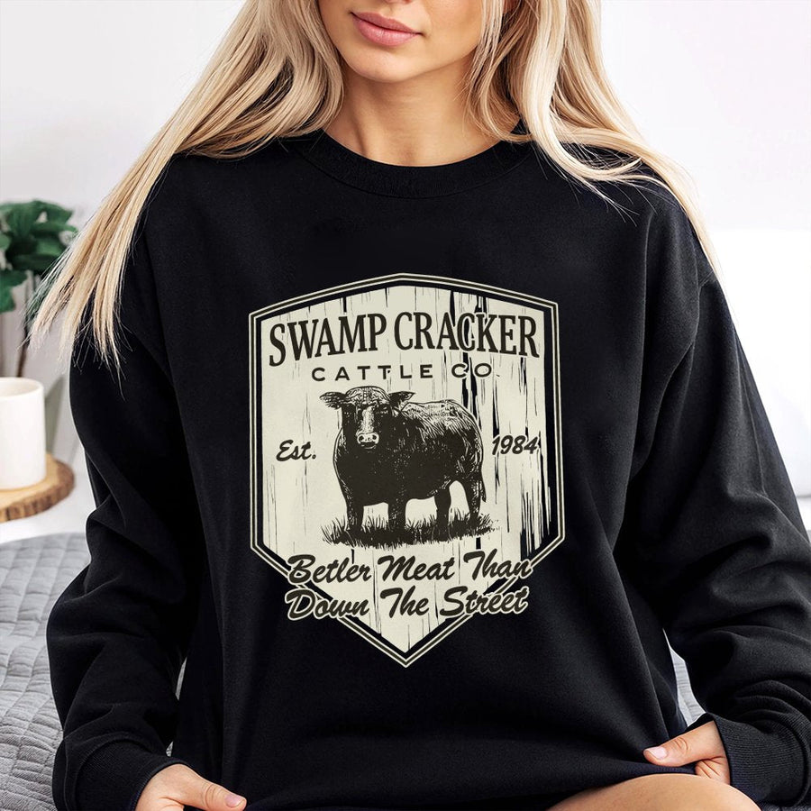Swamp Cracker Cattle Co Sweatshirt | Vintage Farm Beef Logo Graphic | Premium Cotton Blend | Funny Cowboy Gift for Farmers and Ranchers