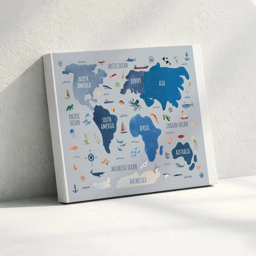 Kids World Map Canvas Print | Illustrated Ocean Animals & Continents | Premium Gallery Wrapped Art | Educational Nursery & Playroom Decor Gift