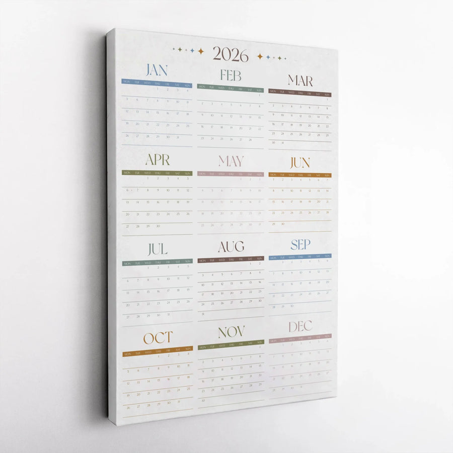 2026 Yearly Wall Calendar Canvas | Minimalist Monday Start Year at a Glance | Premium Fade-Resistant Gallery Print | Modern Home Office Decor Gift