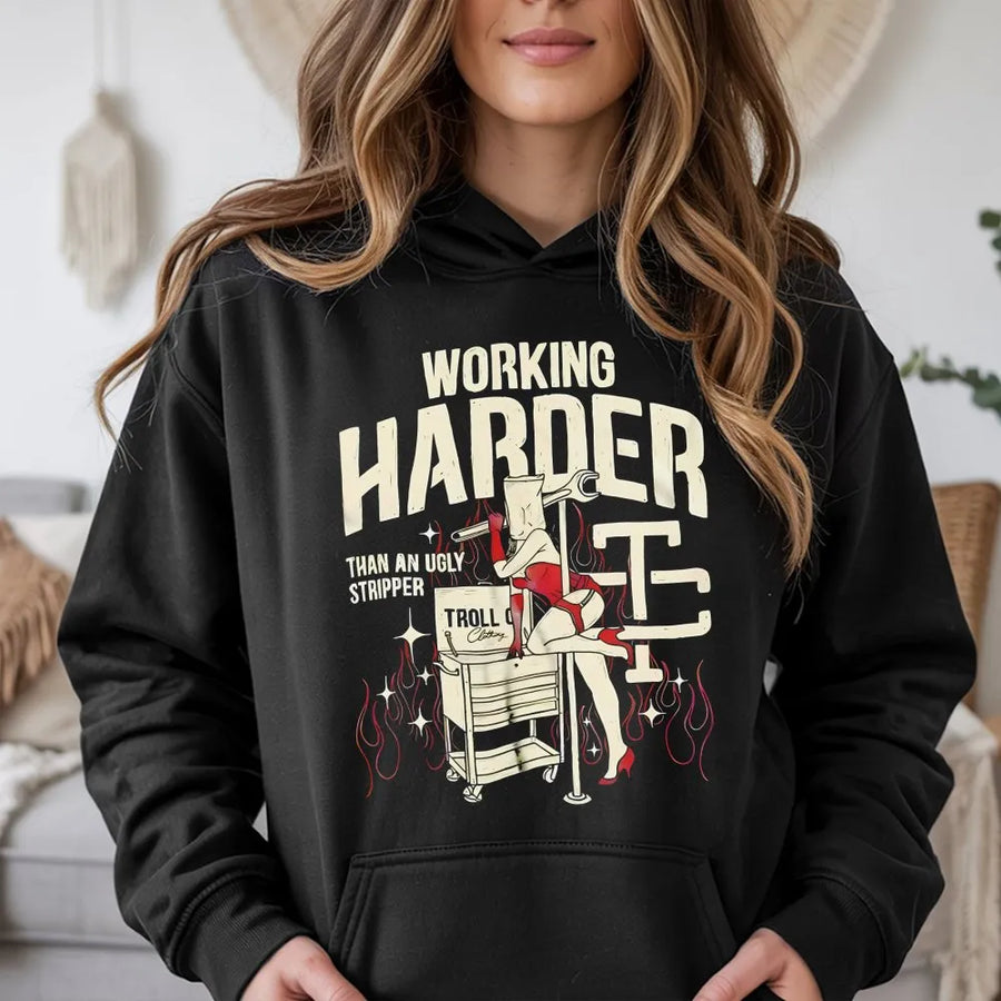 Funny Mechanic Hoodie | Retro 'Working Harder' Graphic | Premium Cotton Blend | Gift for Mechanics & Blue Collar Workers
