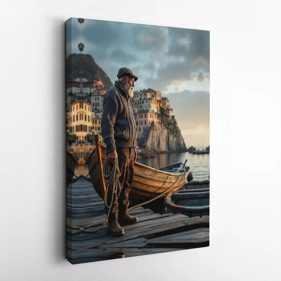 Old Fisherman Canvas Wall Art | Coastal Village Sunset Scene | Premium 1.25-Inch Gallery Wrap | Nautical Home Decor Gift for Sea Lovers