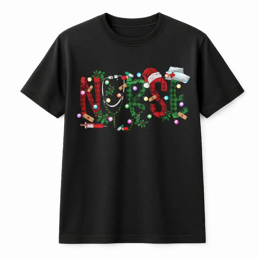 Christmas Nurse T-Shirt | Buffalo Plaid Medical Design | Premium Soft Cotton | Funny Holiday Gift For RN Nursing Student