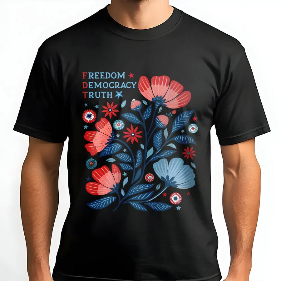 Freedom Democracy Truth Floral T-Shirt | Folk Art Botanical Print | Premium Soft Cotton | Empowering Feminist Gift For Activists