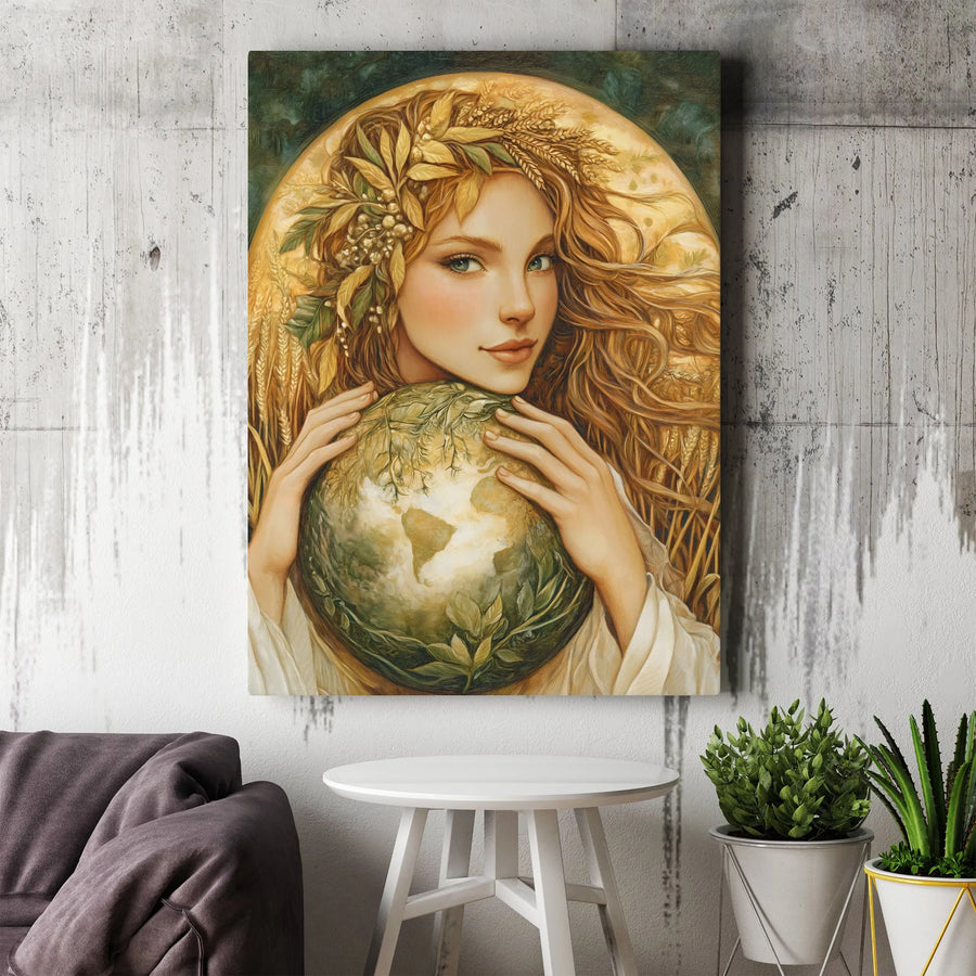 Mother Earth Wall Art | Goddess Holding Globe with Wheat Crown | Premium Gallery Canvas | Nature Lover Spiritual Home Decor Gift