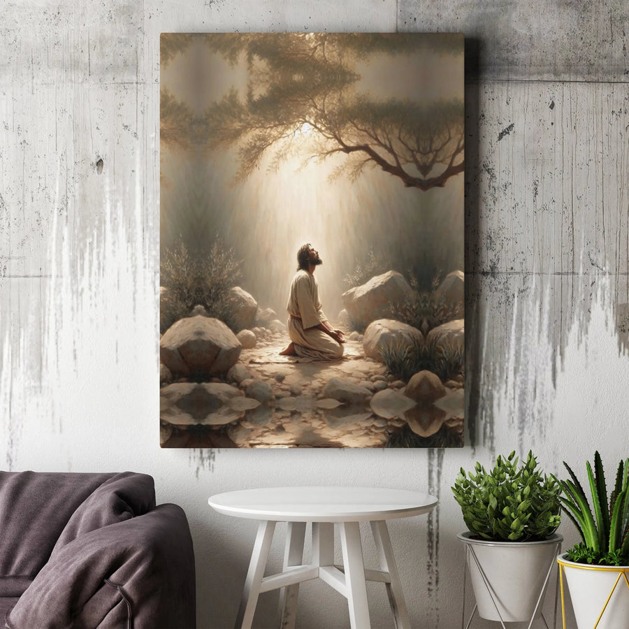 Jesus Praying In Gethsemane Canvas Art | Divine Light Religious Wall Decor | Premium Fade-Resistant Gallery Print | Christian Home Decor Gift
